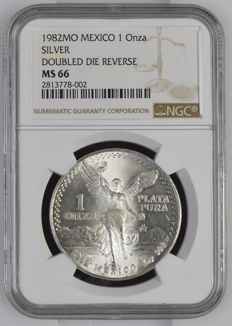 1982MO MEXICO 1 Onza SILVER DOUBLED DIE REVERSE #1 NGC MS 66