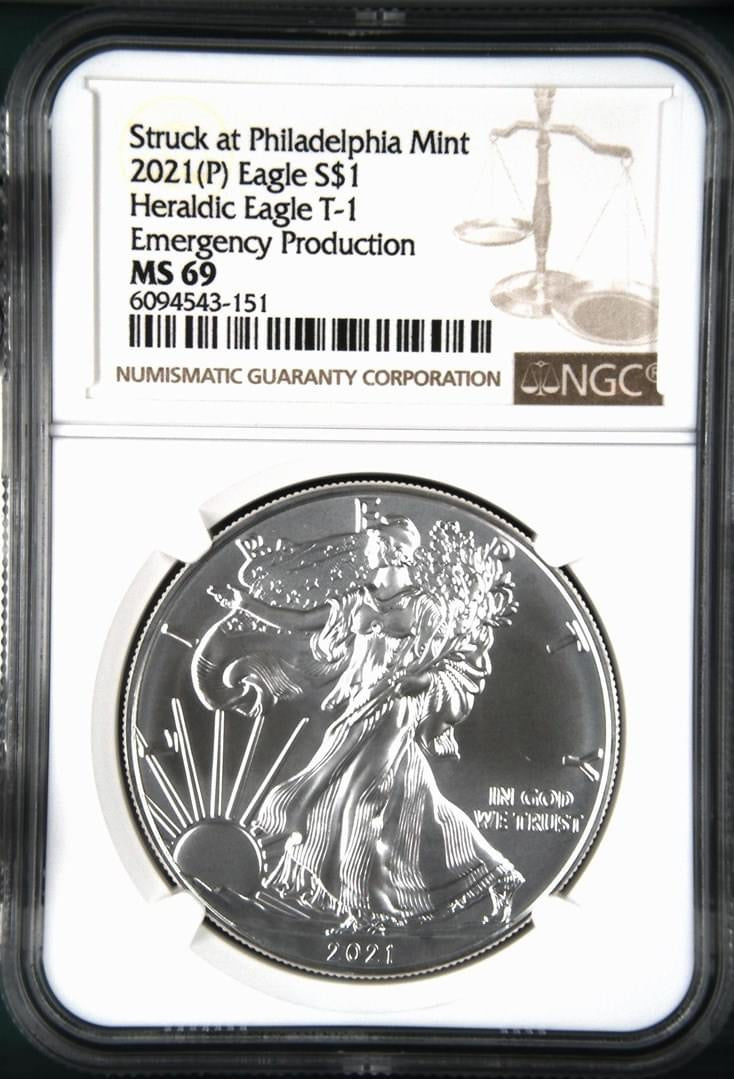 2021(P) Eagle S$1 Heraldic Eagle T-1 Emergency Production MS 69