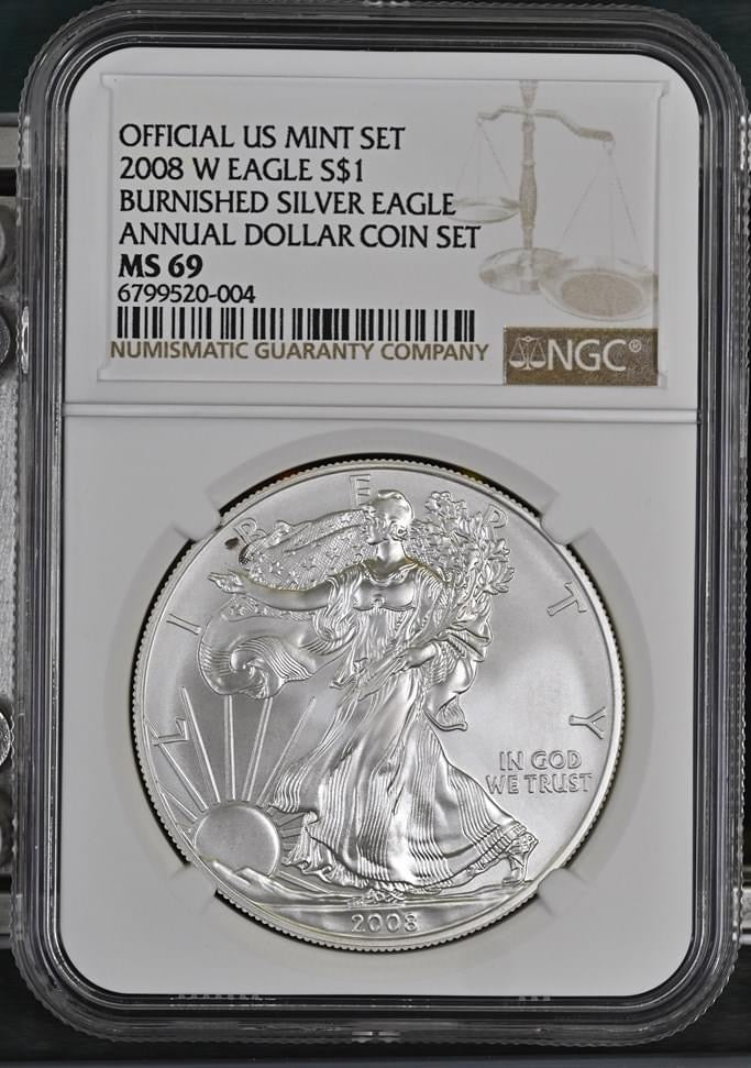 2008 W EAGLE S$1 BURNISHED SILVER EAGLE ANNUAL DOLLAR COIN SET MS 69