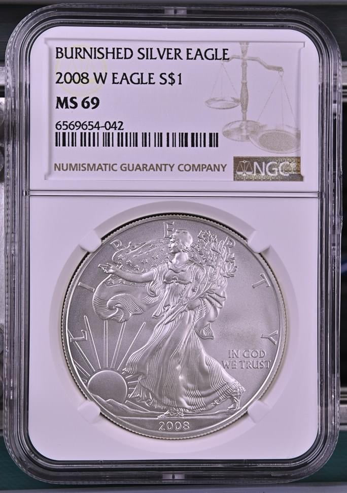 2008 W EAGLE S$1 BURNISHED SILVER EAGLE MS 69