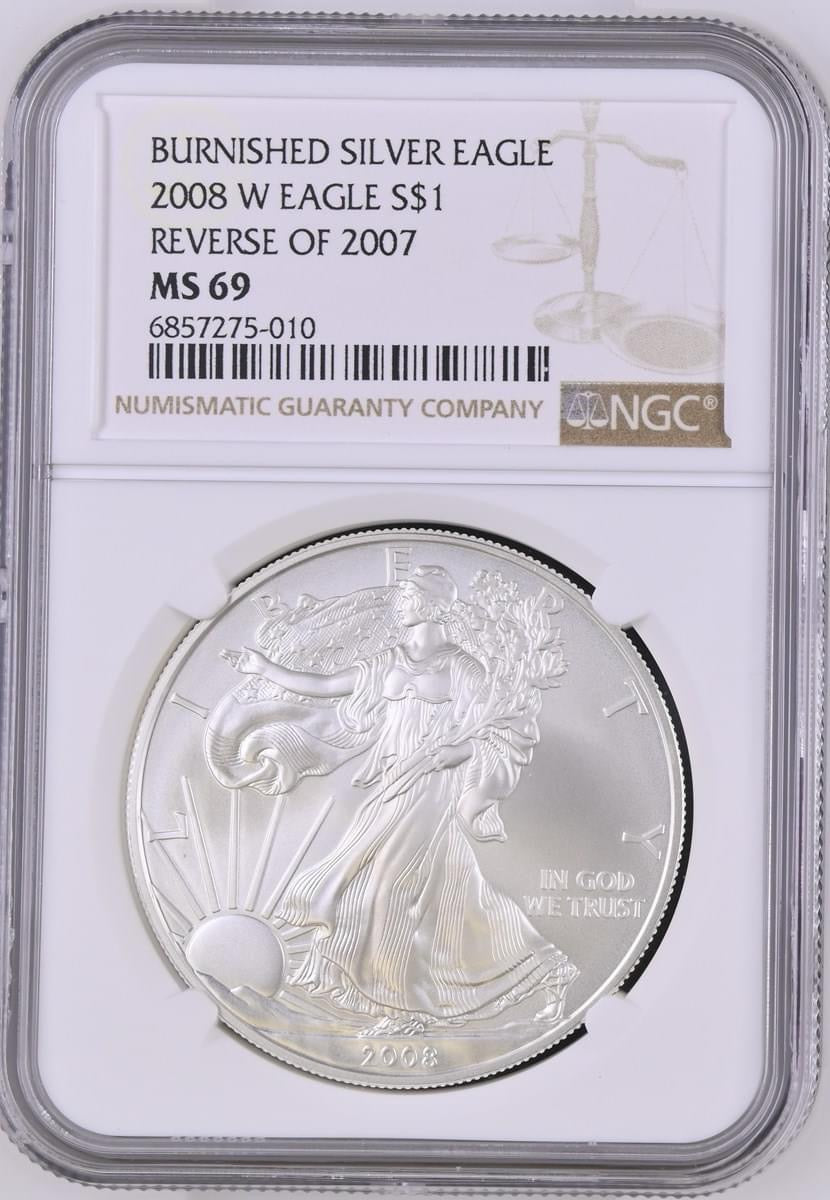 2008 W EAGLE S$1 BURNISHED SILVER EAGLE REVERSE OF 2007 MS 69