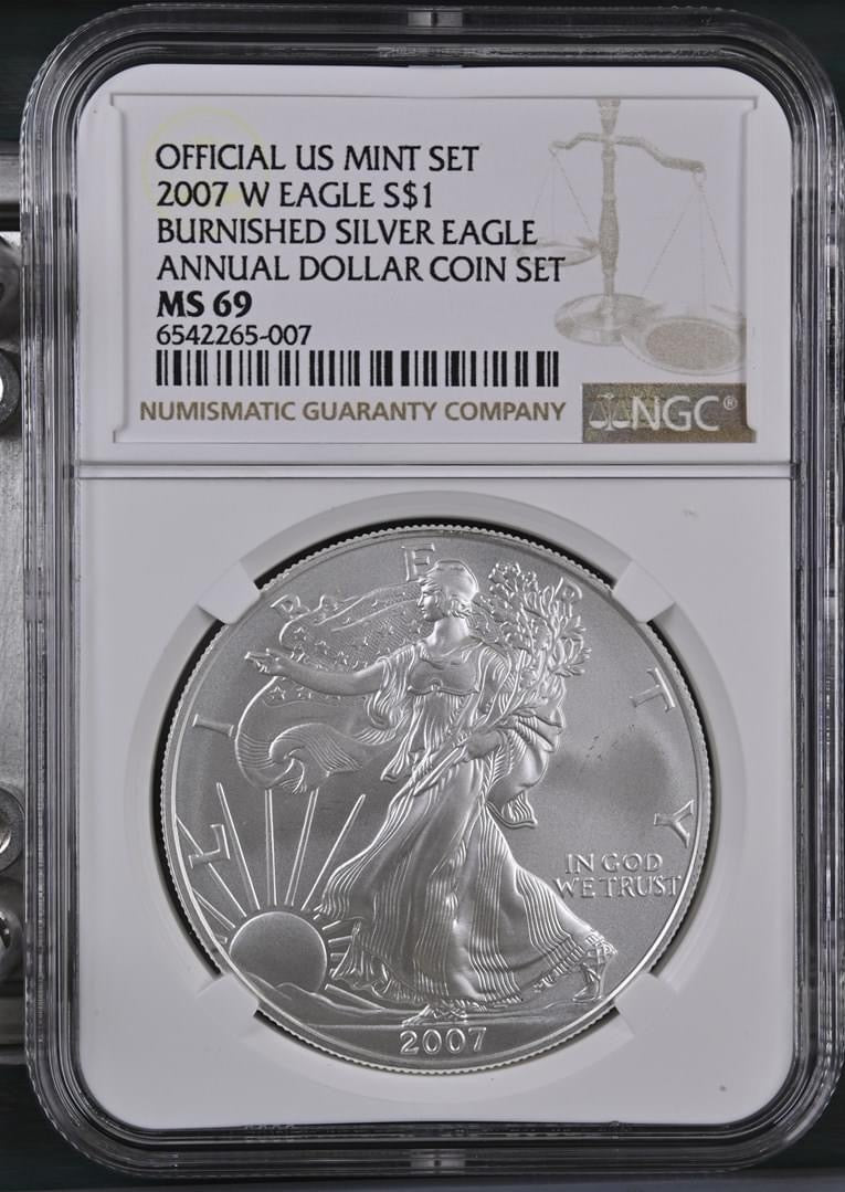 2007 W EAGLE S$1 BURNISHED SILVER EAGLE ANNUAL DOLLAR COIN SET MS 69