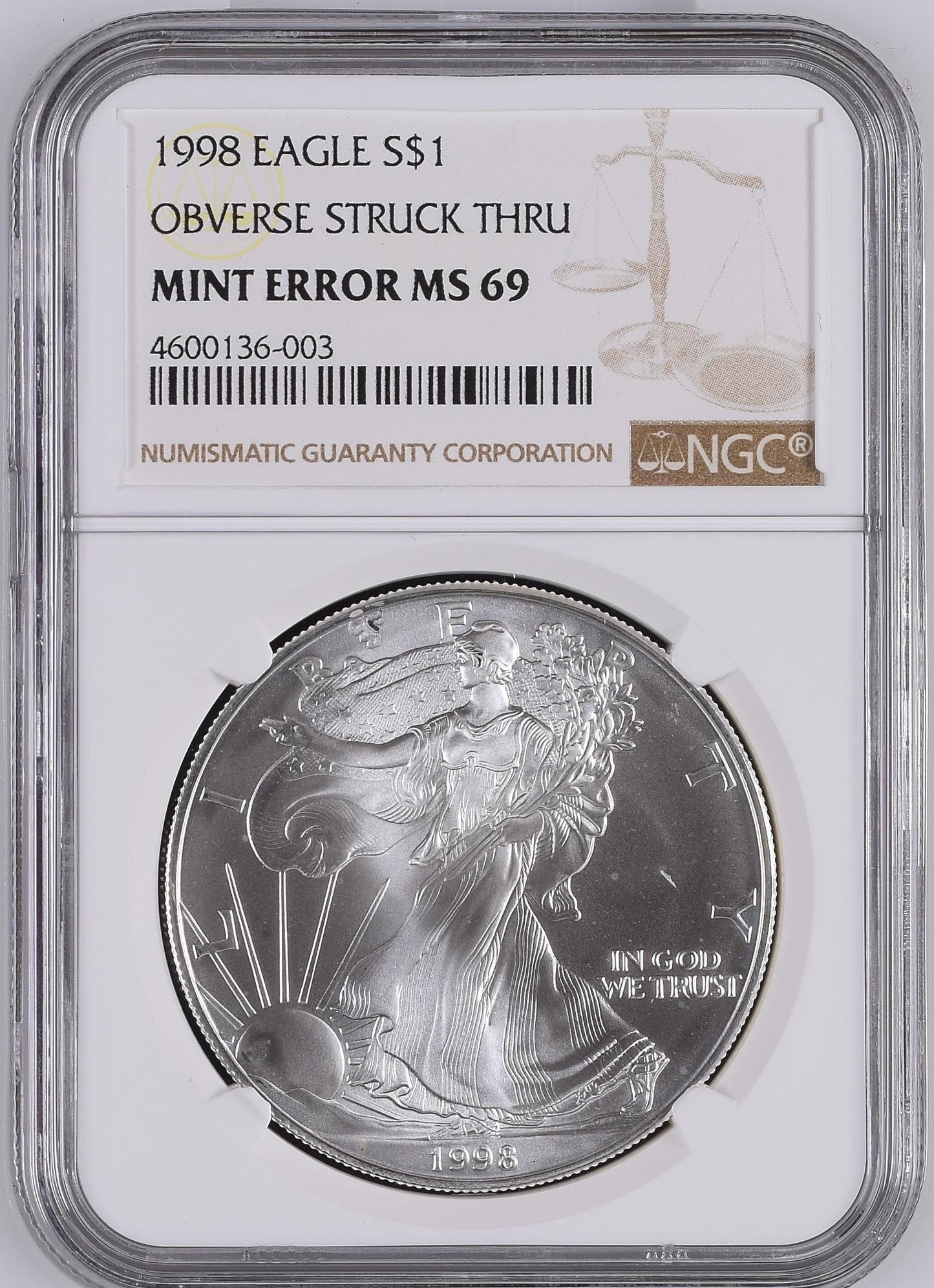 1998 EAGLE OBVERSE STRUCK THRU S$1