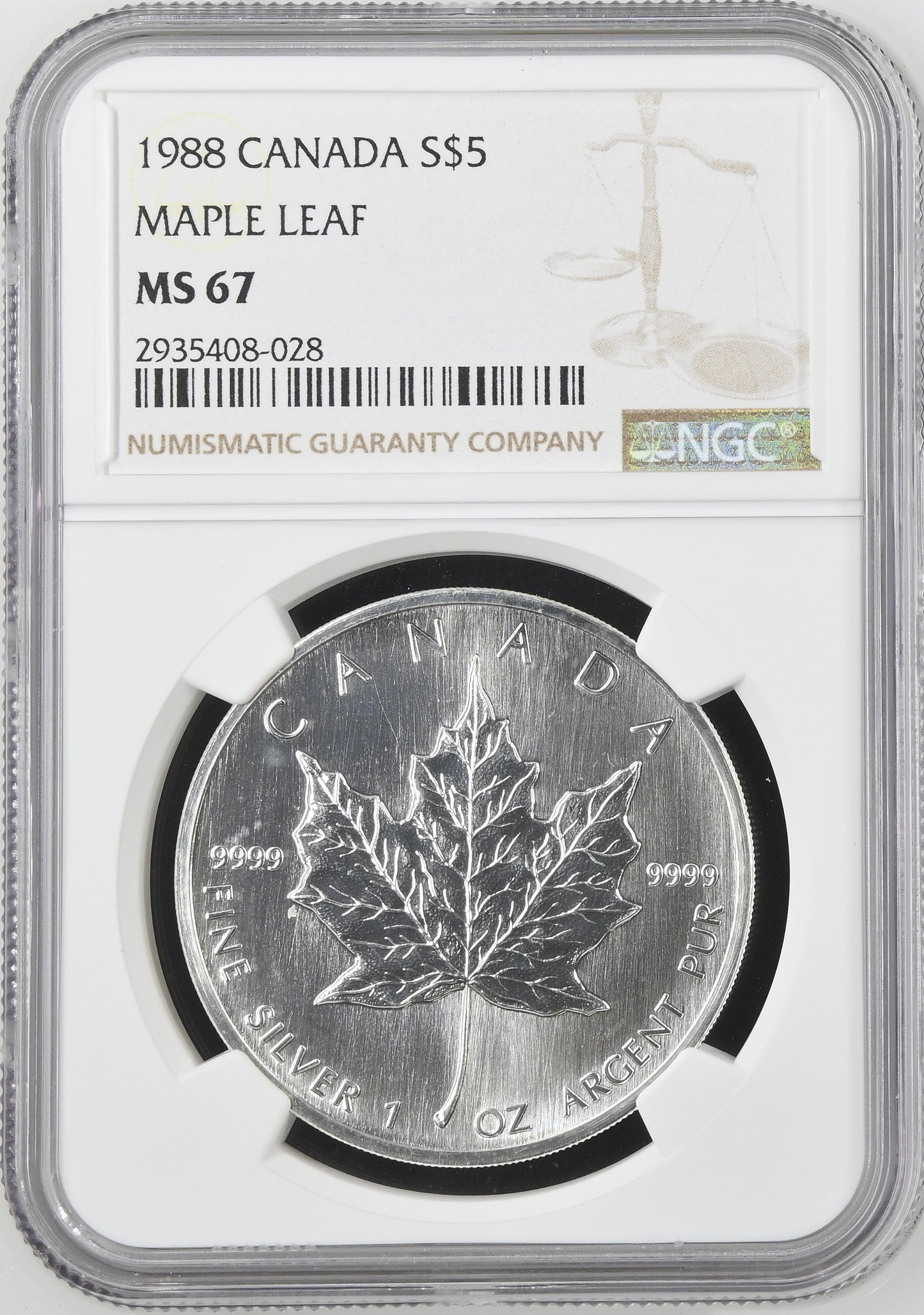 1988 CANADA S$5 MAPLE LEAF NGC MS 67