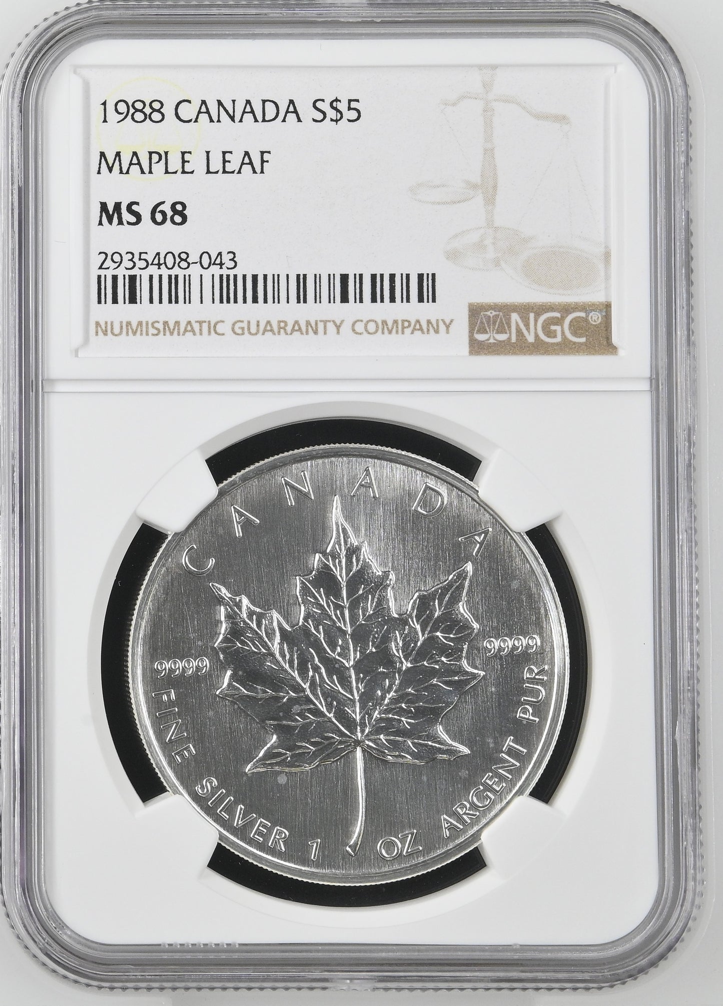 1988 CANADA S$5 MAPLE LEAF NGC MS 68
