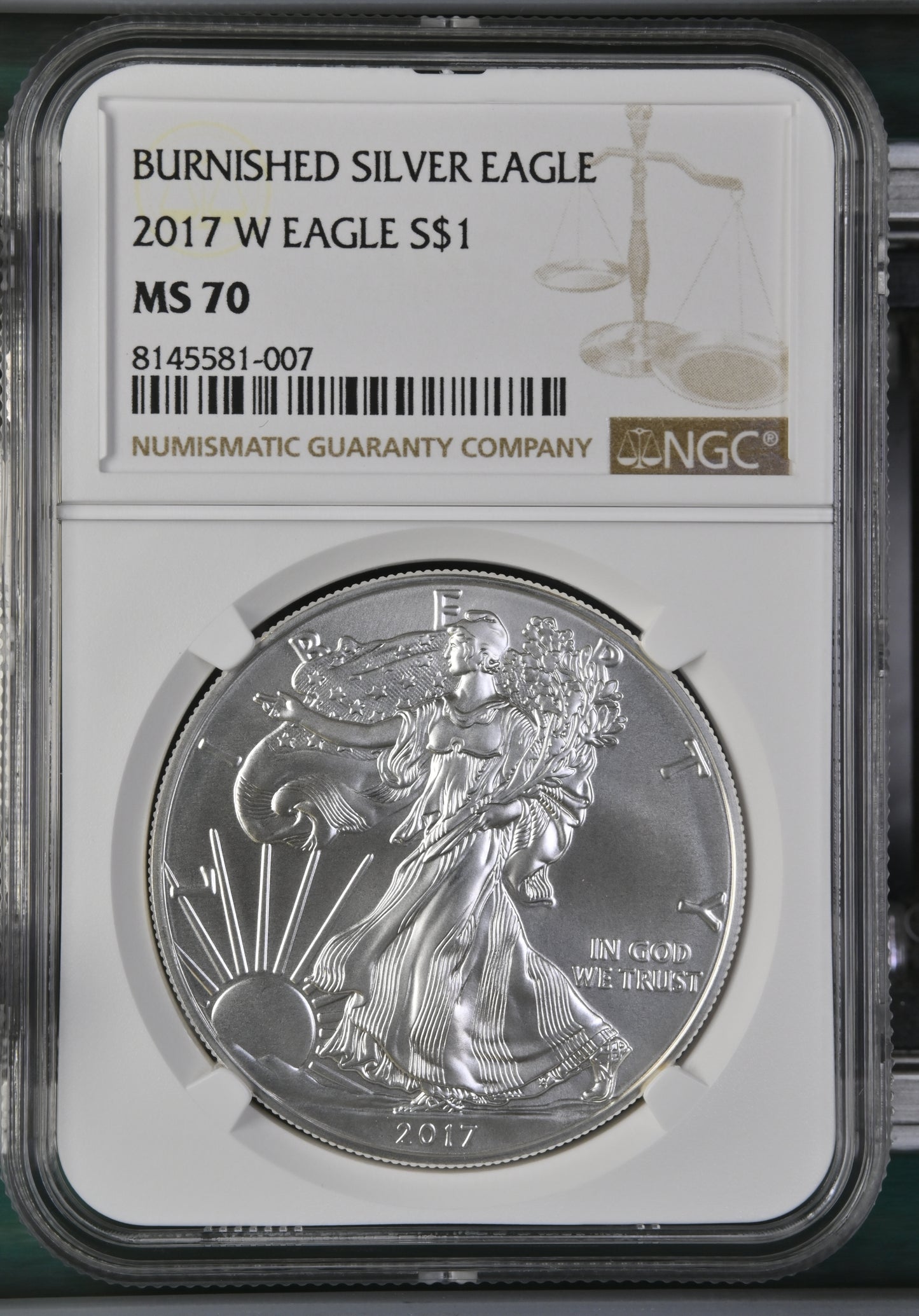 2017 W EAGLE S$1 BURNISHED SILVER EAGLE MS 70