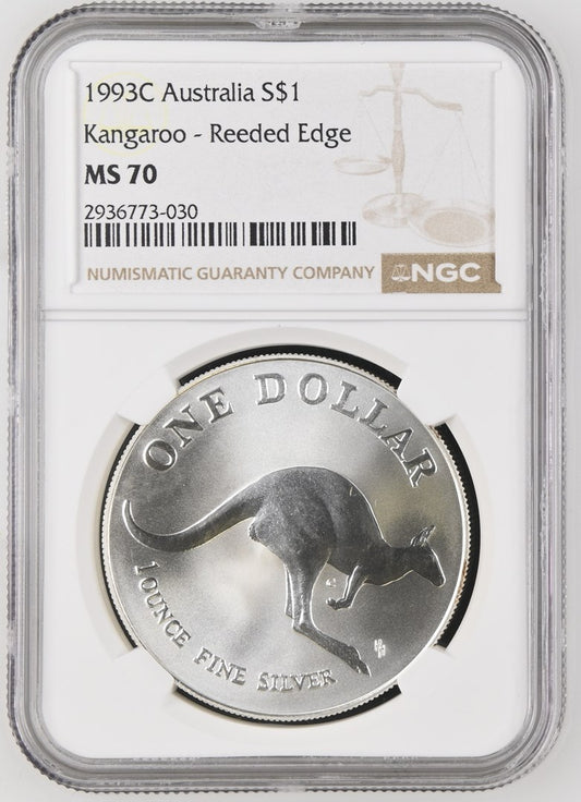 1993C AUSTRALIA S$1 KANGAROO REEDED EDGE MS 70