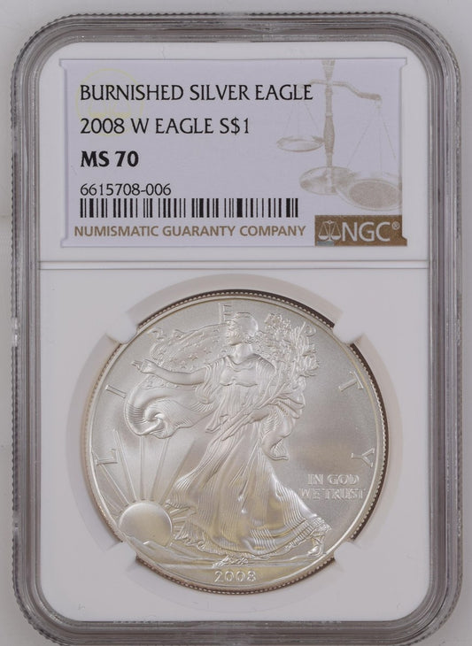 2008 W EAGLE S$1 BURNISHED SILVER EAGLE MS 70