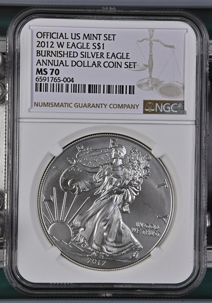 2012 W EAGLE S$1 BURNISHED SILVER EAGLE ANNUAL DOLLAR COIN SET MS 70