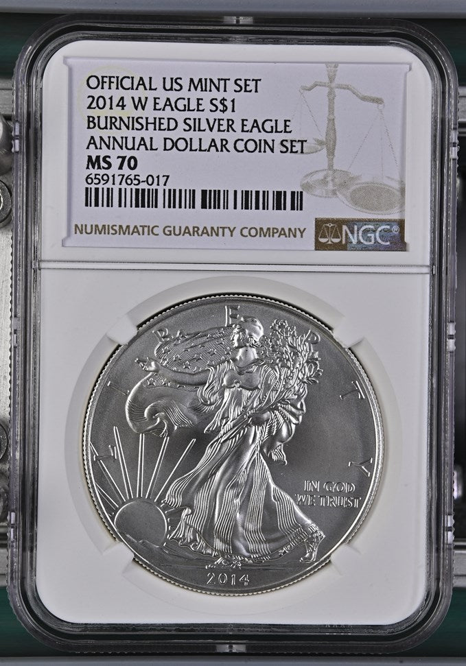 2014 W EAGLE S$1 BURNISHED SILVER EAGLE ANNUAL DOLLAR COIN SET MS 70