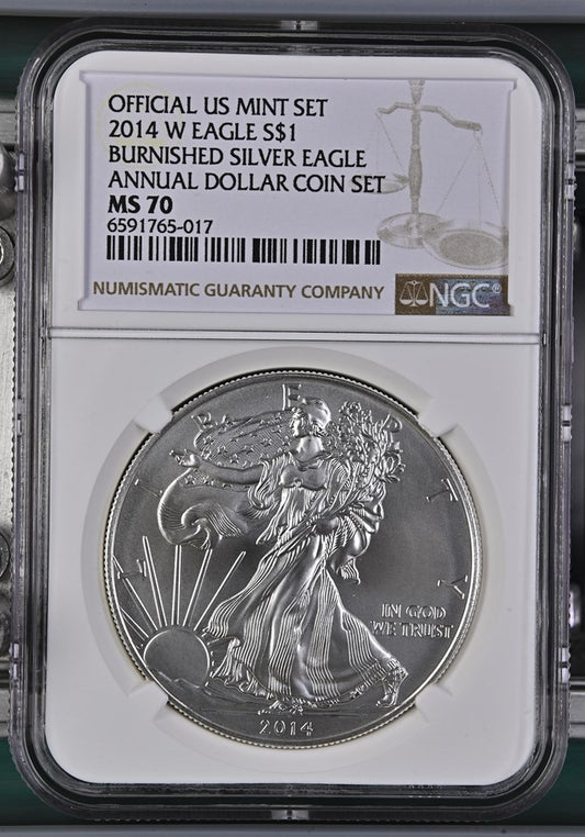 2014 W EAGLE S$1 BURNISHED SILVER EAGLE ANNUAL DOLLAR COIN SET MS 70