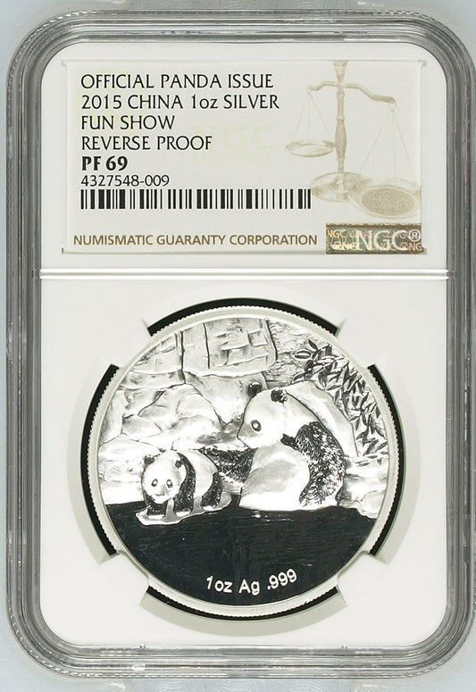 2015 1OZ CHINA SILVER PANDA - FUN SHOW - REV PF OFFICIAL PANDA ISSUE