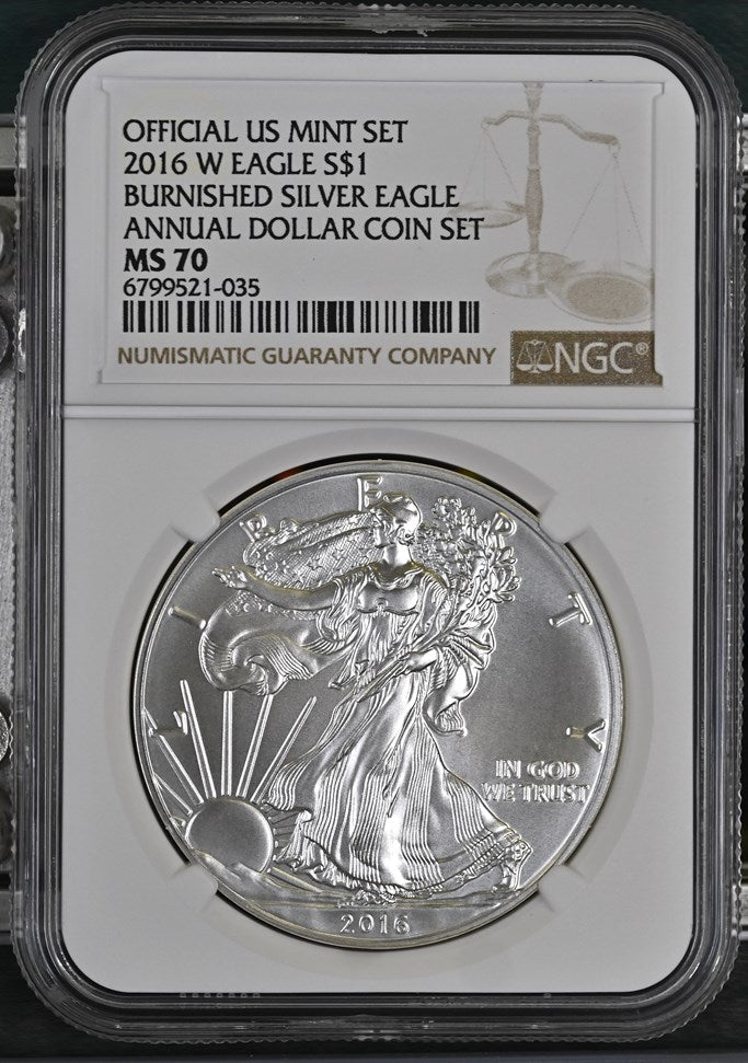 2016 W EAGLE S$1 BURNISHED SILVER EAGLE ANNUAL DOLLAR COIN SET MS 70