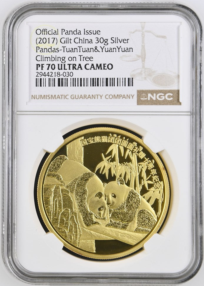 2017 GILT 30G CHINA SILVER PANDAS-TUAN&TUAN & YUANYUAN CLIIMBING ON TREE