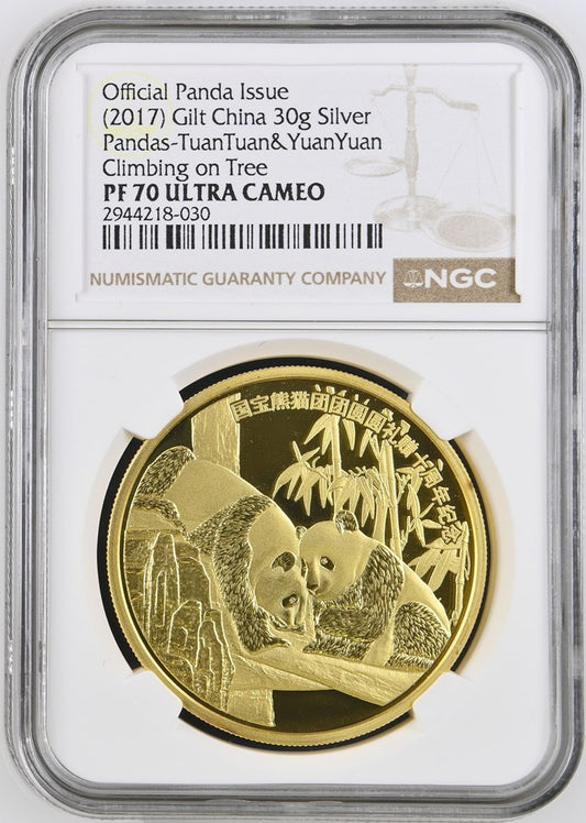 2017 GILT 30G CHINA SILVER PANDAS-TUAN&TUAN & YUANYUAN CLIIMBING ON TREE