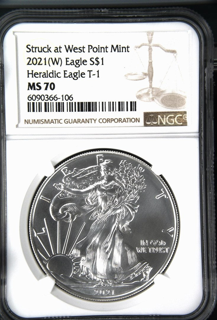 2021 (W) EAGLE S$1 STRUCK AT WEST POINT MINT HERALDIC EAGLE T-1 MS 70