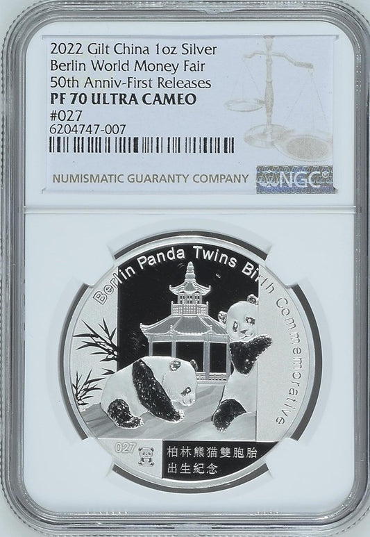 2022 GILT 1OZ CHINA SILVER BERLIN WORLD MONEY FAIR 50TH ANNIV-FIRST RELEASES