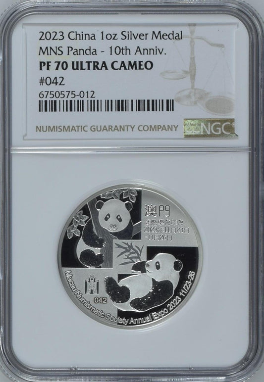 2023 1OZ CHINA SILVER MNS PANDA - 10TH ANNIV.
