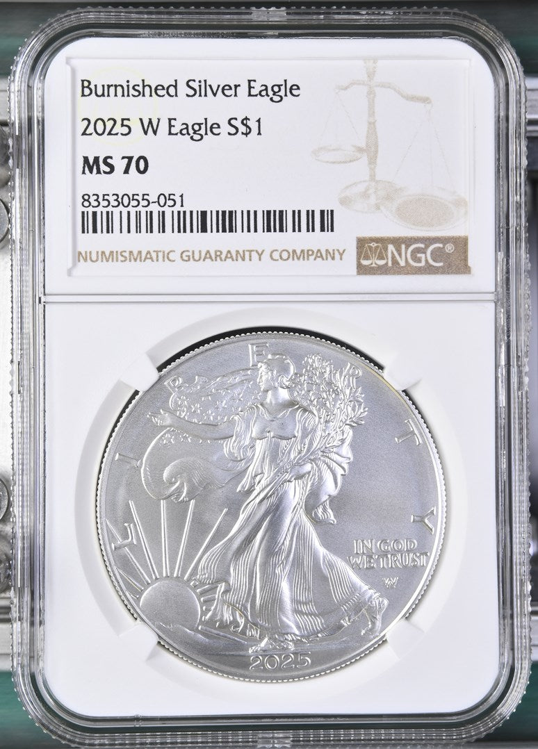 2025 W BURNISHED SILVER EAGLE S$1 MS 70