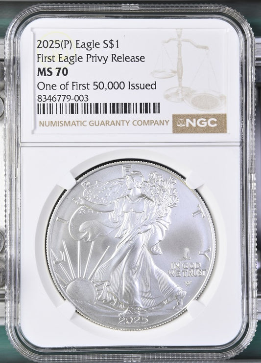 2025 (P) EAGLE S$1 FIRST EAGLE PRIVY RELEASE ONE OF FIRST 50,000 ISSUED MS 70