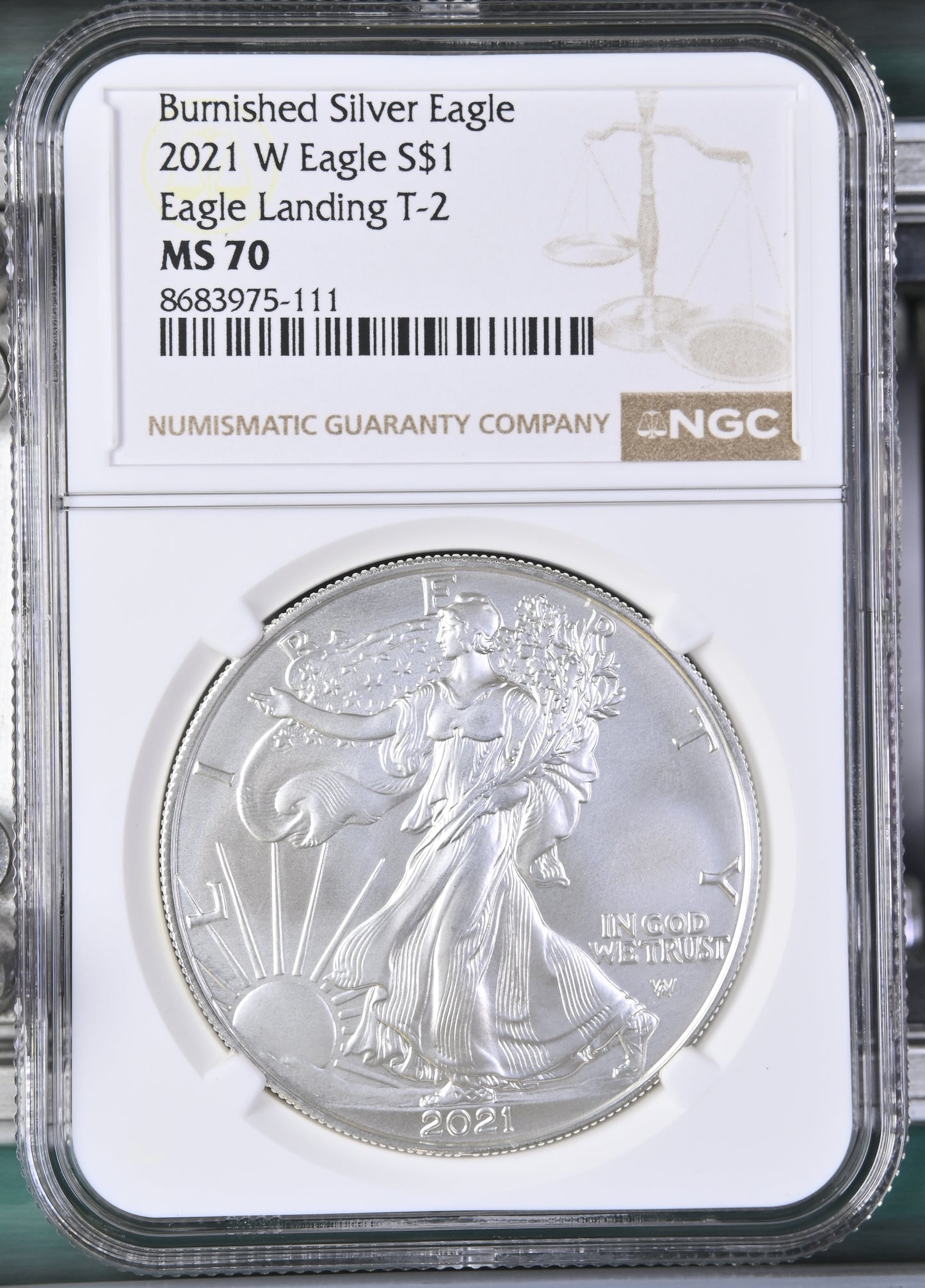 2021 EAGLE S$1 BURNISHED EAGLE LANDING T-2 MS 70