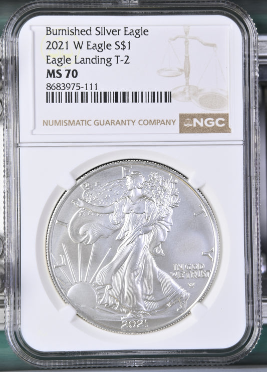 2021 EAGLE S$1 BURNISHED EAGLE LANDING T-2 MS 70