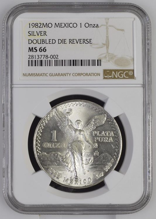 1982MO MEXICO 1 Onza SILVER DOUBLED DIE REVERSE #1 NGC MS 66