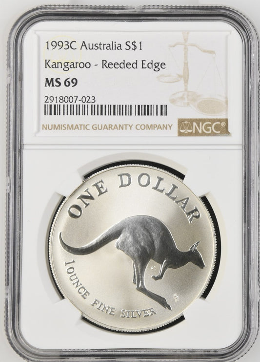 1993C AUSTRALIA  S$1 KANGAROO - REEDED EDGE NGC MS 69