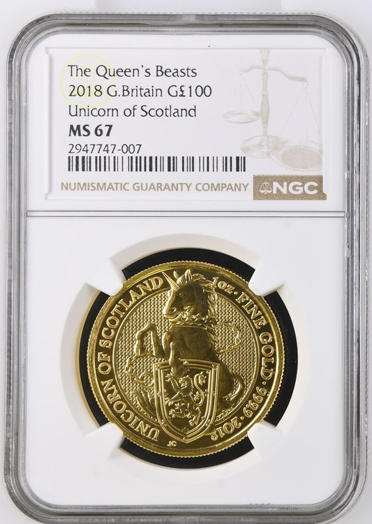 2018 GREAT BRITAIN 1 OZ GOLD QUEEN'S BEASTS THE UNICORN NGC MS 67