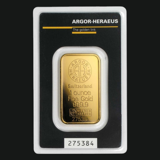 1 OZ GOLD BAR - ARGOR-HERAEUS (PLAIN BLACK, IN ASSAY)