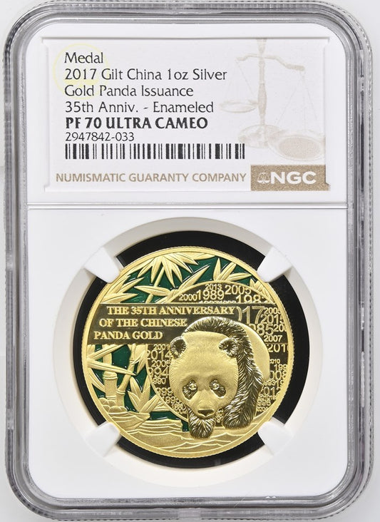 2017 GILT CHINA SILVER GOLD PANDA ISSUANCE 35TH ANNIVERSARY - ENAMELED