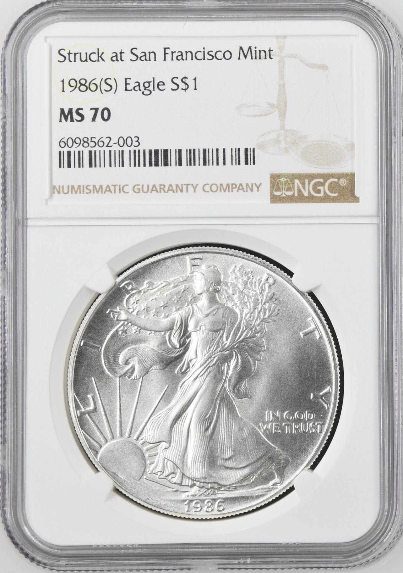1986(S) EAGLE S$1 STRUCK AT SAN FRANCISCO MINT MS 70