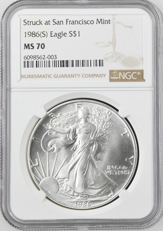 1986(S) EAGLE S$1 STRUCK AT SAN FRANCISCO MINT MS 70