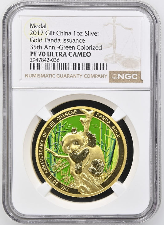 2017 GILT CHINA SILVER GOLD PANDA ISSUANCE 35TH ANNIVERSARY GREEN COLORIZED