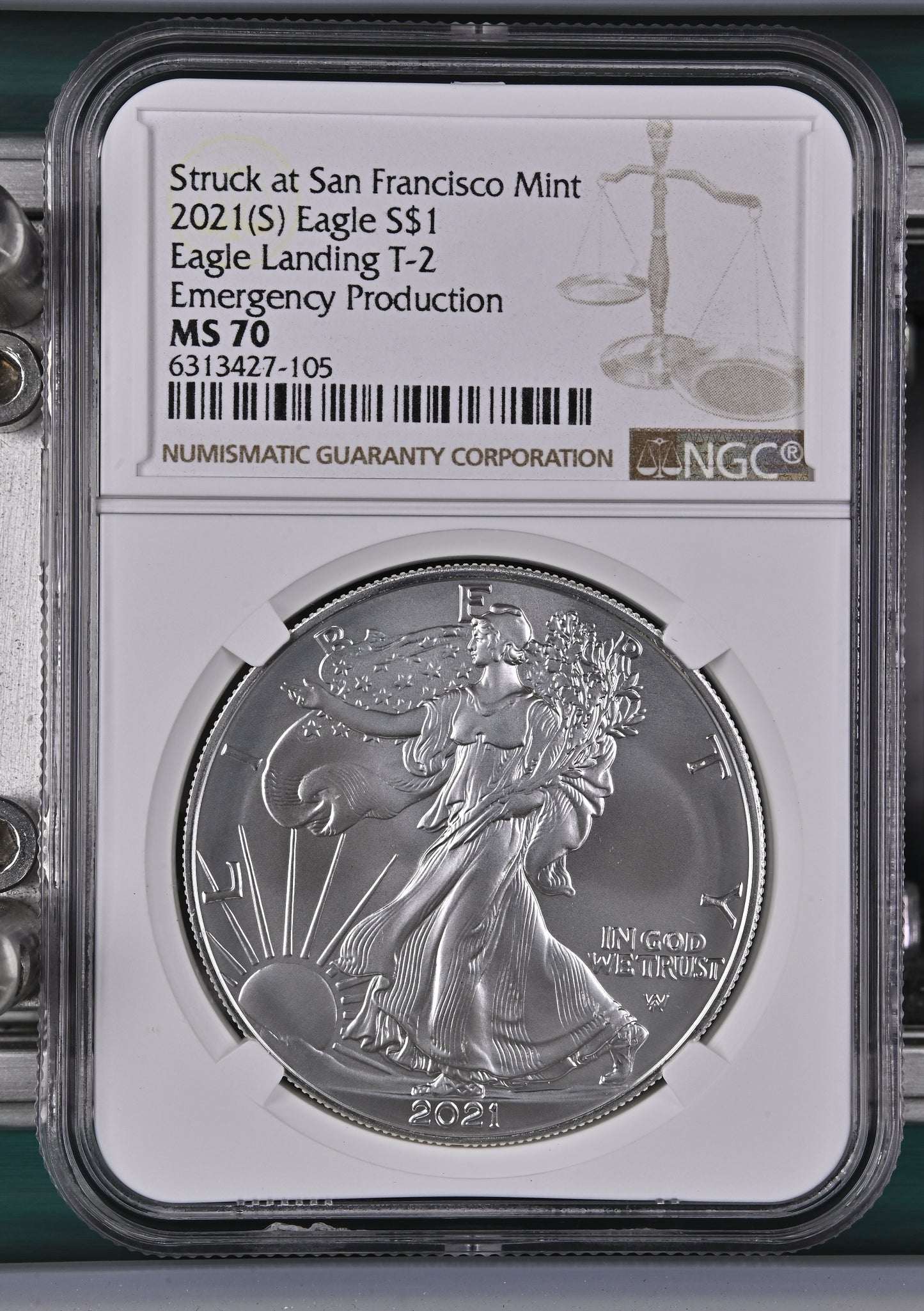 2021(S) EAGLE S$1 HERALDIC EAGLE STRUCK AT SAN FRANCISCO MINT T-2 MS 70