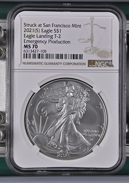 2021(S) EAGLE S$1 HERALDIC EAGLE STRUCK AT SAN FRANCISCO MINT T-2 MS 70