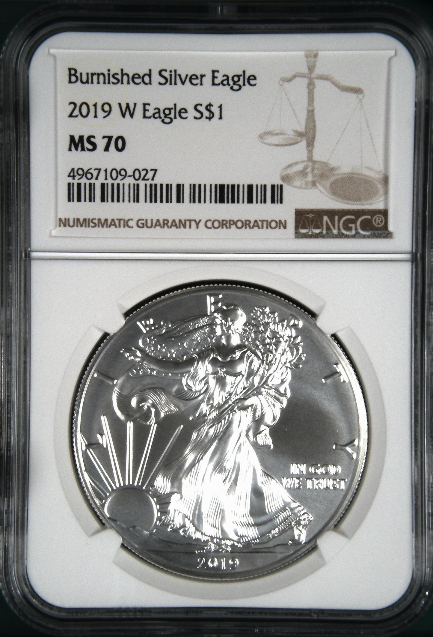 2019 EAGLE S$1 TYPE 1 BURNISHED MS 70