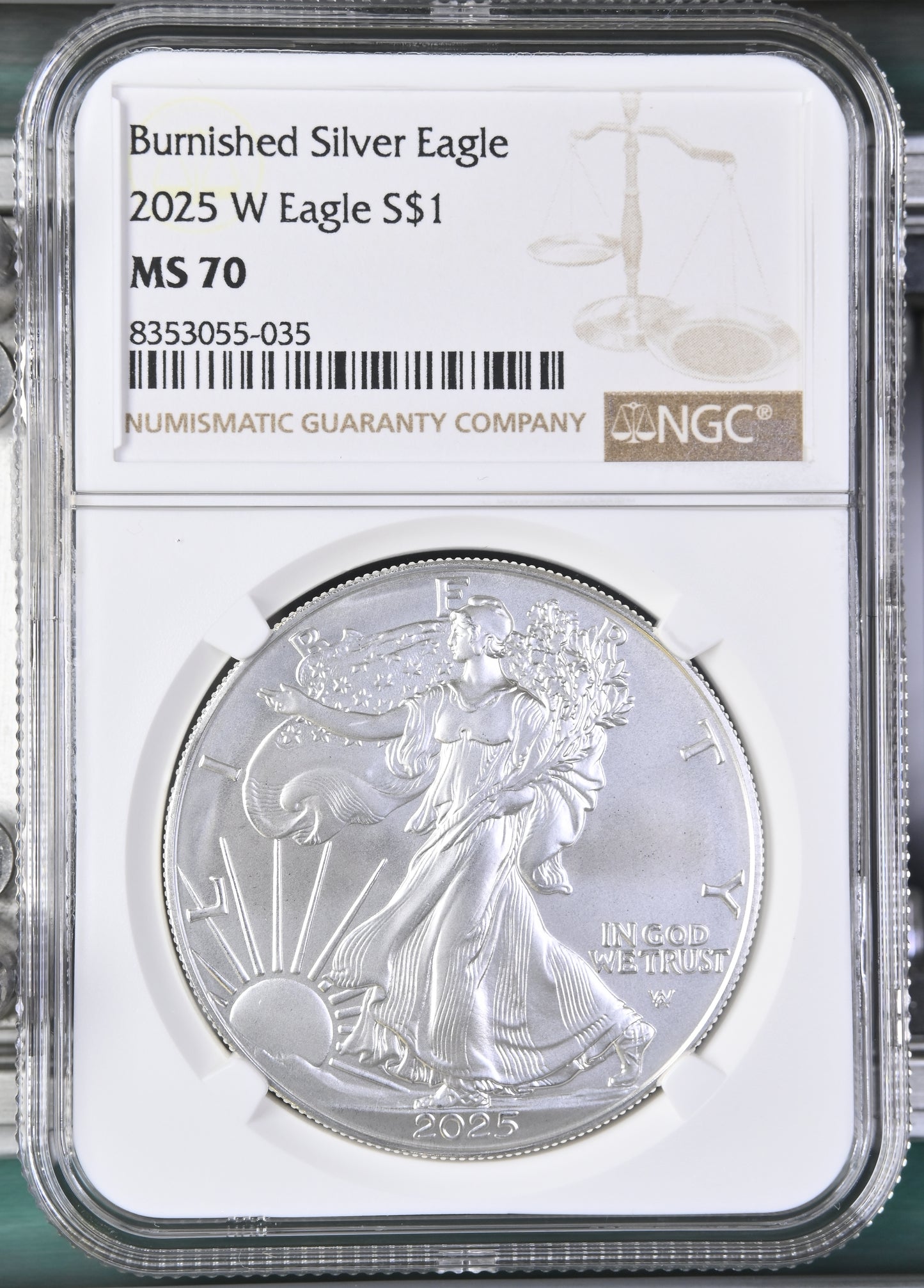 2025 W BURNISHED TYPE 2 SILVER EAGLE S$1 MS 70