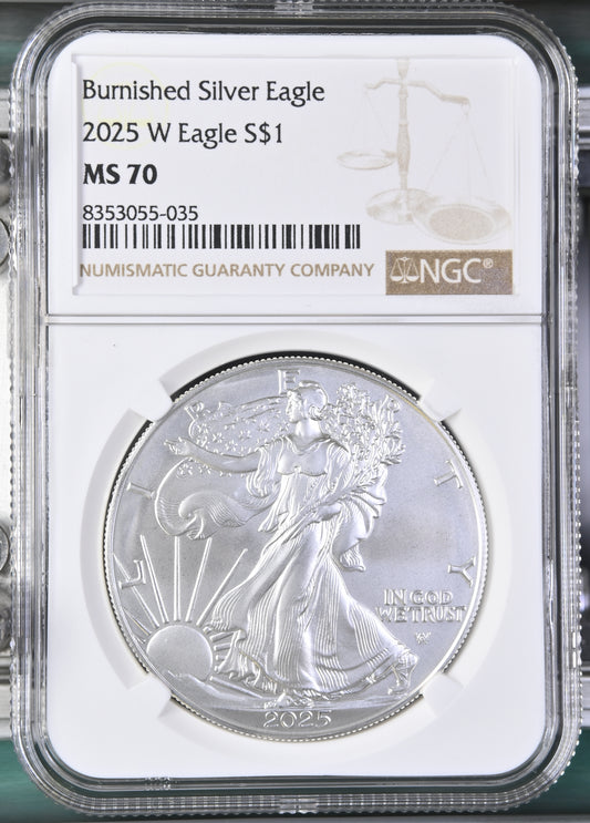 2025 W BURNISHED TYPE 2 SILVER EAGLE S$1 MS 70