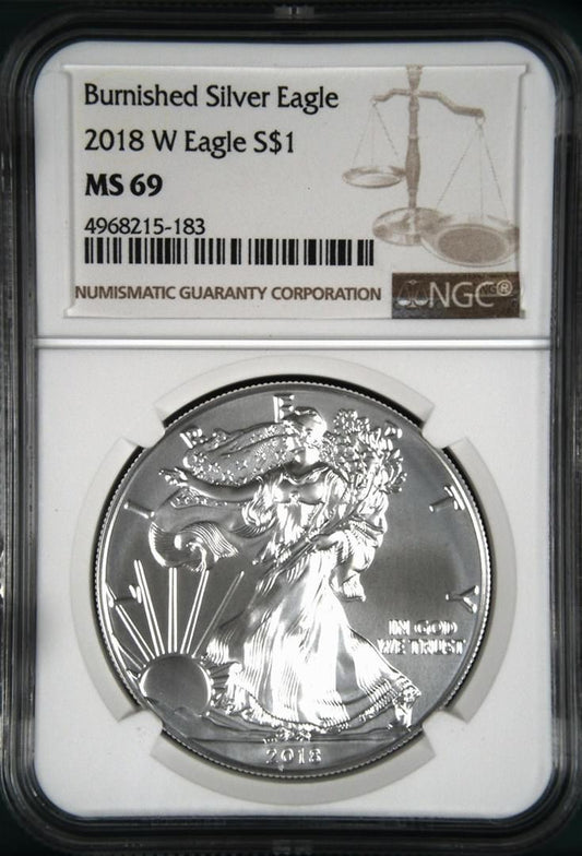 2018 W Eagle S$1 Burnished Silver Eagle MS 69