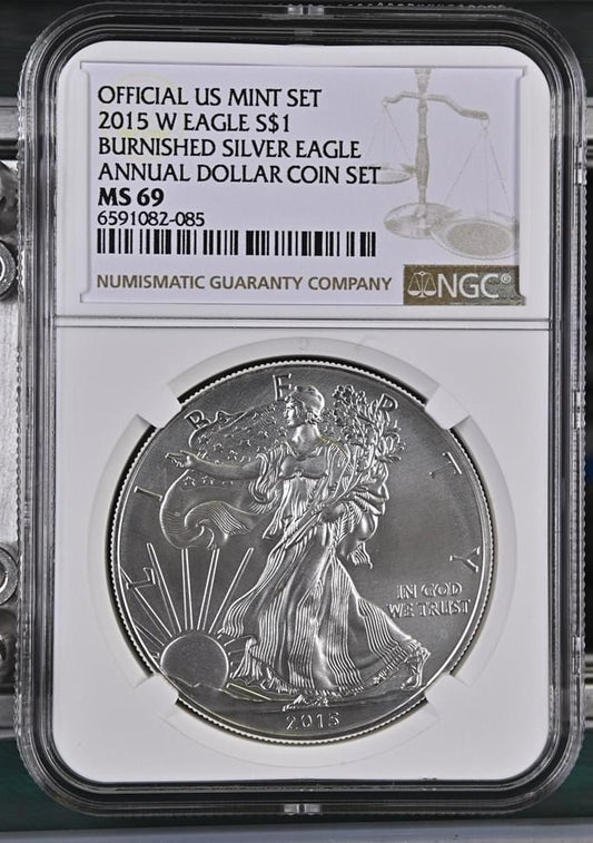 2015 W EAGLE S$1 BURNISHED SILVER EAGLE MS 69