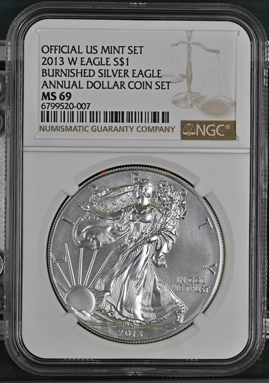 2013 W EAGLE S$1 BURNISHED SILVER EAGLE ANNUAL DOLLAR COIN SET MS 69