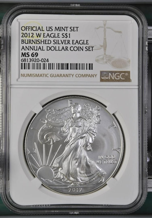 2012 W EAGLE S$1 BURNISHED SILVER EAGLE ANNUAL DOLLAR COIN SET MS 69