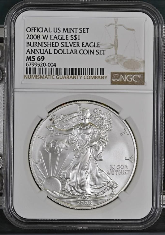 2008 W EAGLE S$1 BURNISHED SILVER EAGLE ANNUAL DOLLAR COIN SET MS 69