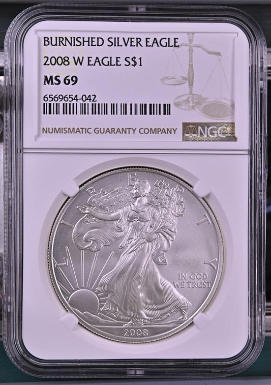 2008 W EAGLE S$1 BURNISHED SILVER EAGLE MS 69