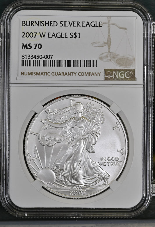 2007 W EAGLE S$1 BURNISHED SILVER EAGLE MS 70