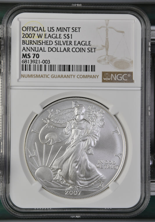2007 W EAGLE S$1 BURNISHED SILVER EAGLE ANNUAL DOLLAR COIN SET MS 70