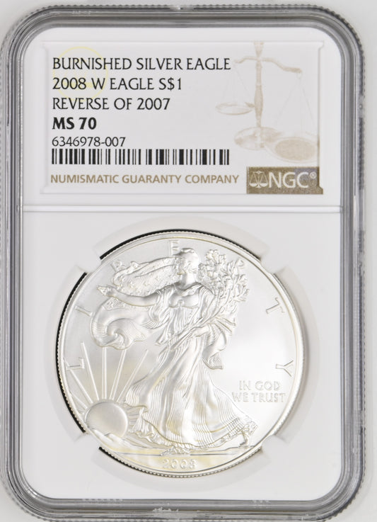 2008 W EAGLE S$1 BURNISHED SILVER EAGLE REVERSE OF 2007 MS 70
