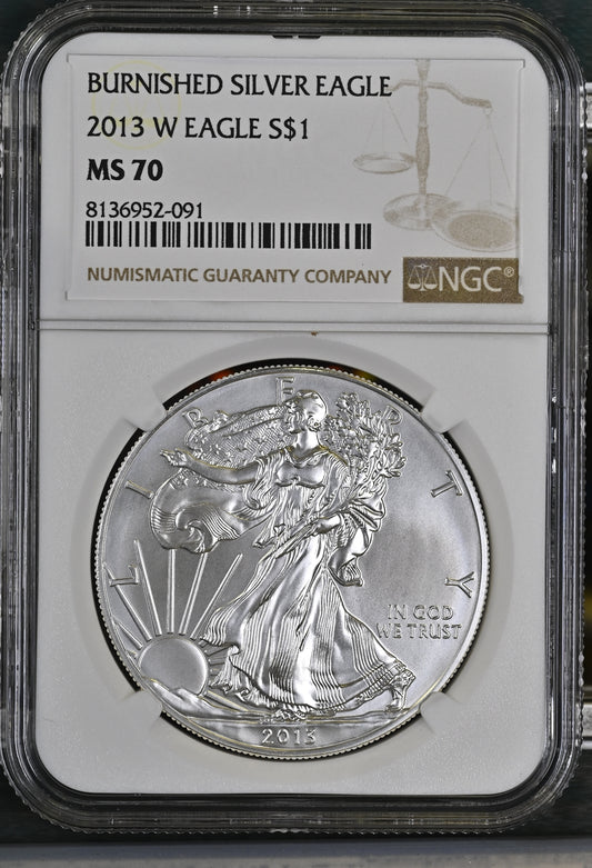 2013 W EAGLE S$1 BURNISHED SILVER EAGLE MS 70