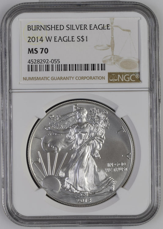 2014 W EAGLE S$1 BURNISHED SILVER EAGLE MS 70